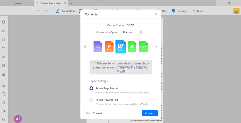 Open KDAN PDF Reader and convert the file to docx. format