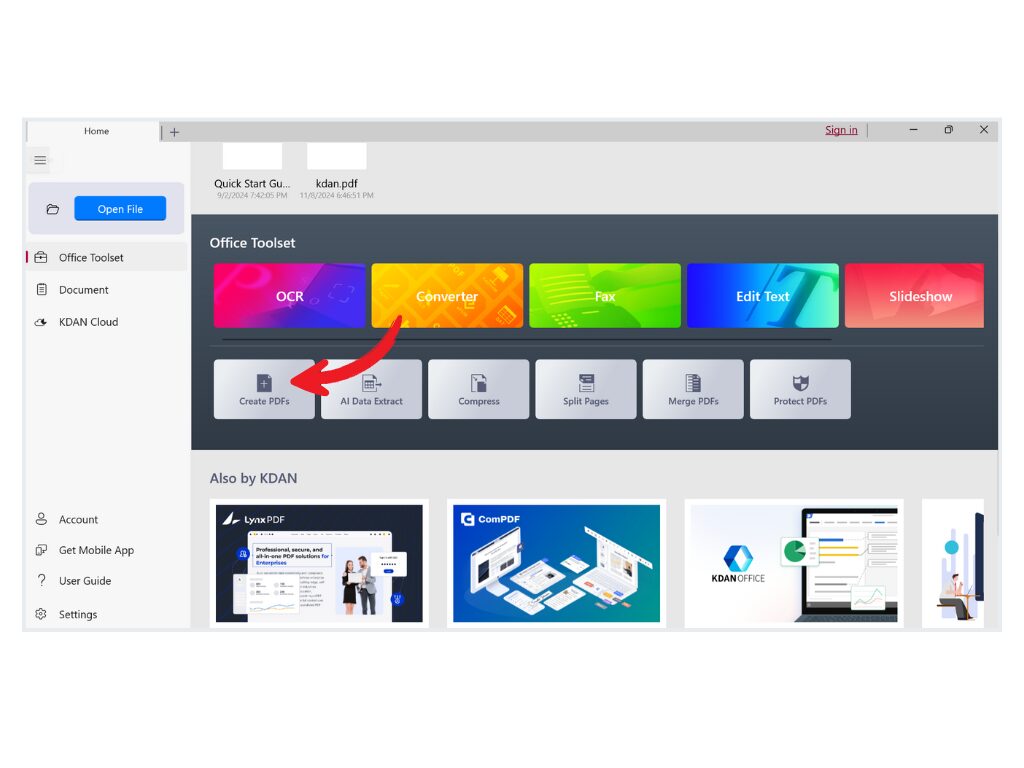 Similar to KDAN PDF for Mac, open KDAN PDF and click Create PDF.