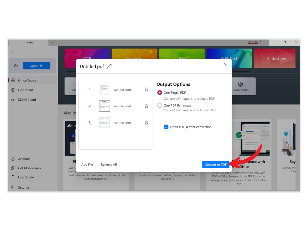 Select Image to PDF to import multiple images, arranging them in any order you like.