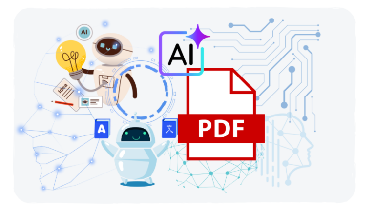 Illustration of AI PDF translation technology converting a multilingual document.