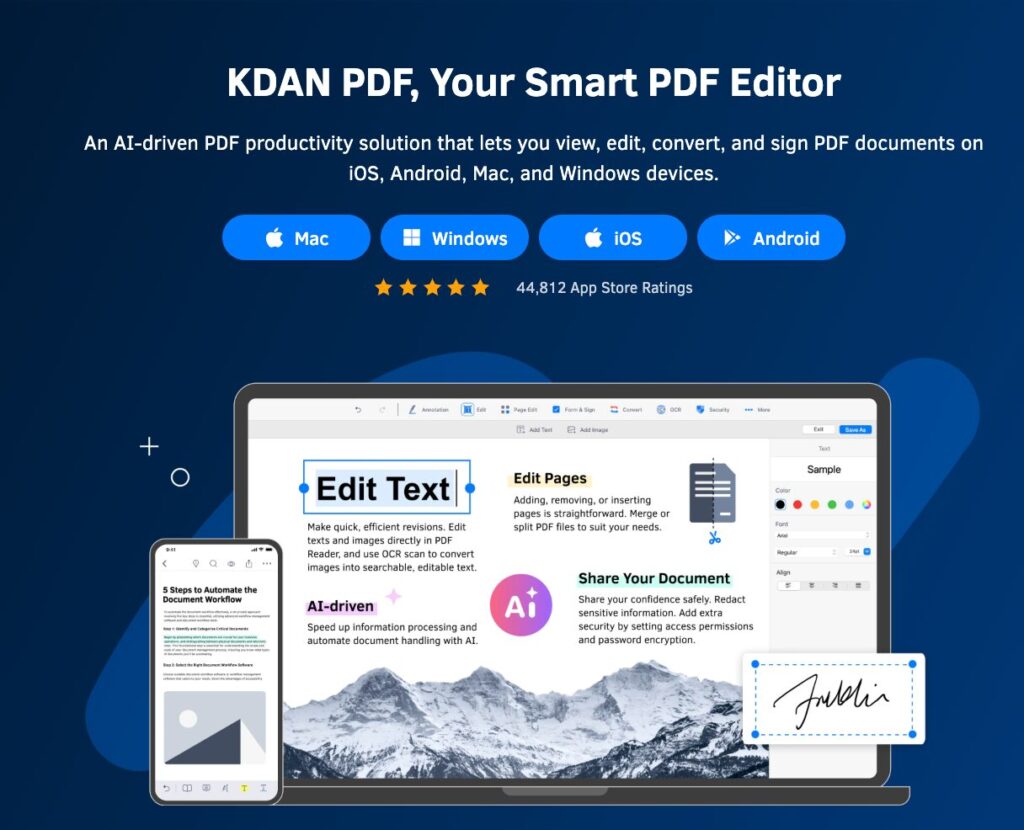 KDAN PDF Reader user interface showing intuitive PDF editing tools and Kdan Cloud synchronization features for professionals.
