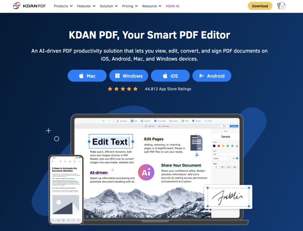KDAN PDF interface displaying the Image to PDF feature for combining multiple screenshots into one file.