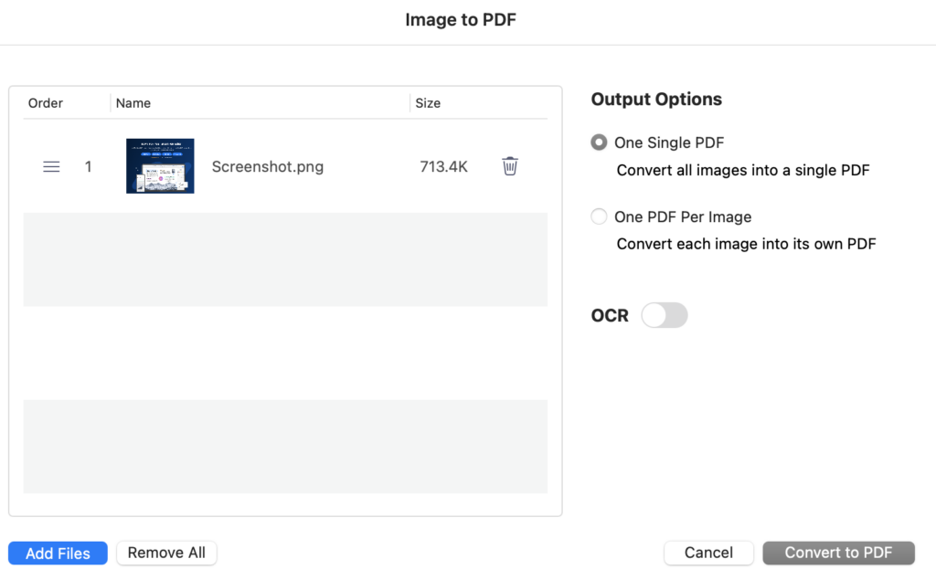 Select the "Image to PDF" tool (or "Create PDF" on mobile) from the main menu.