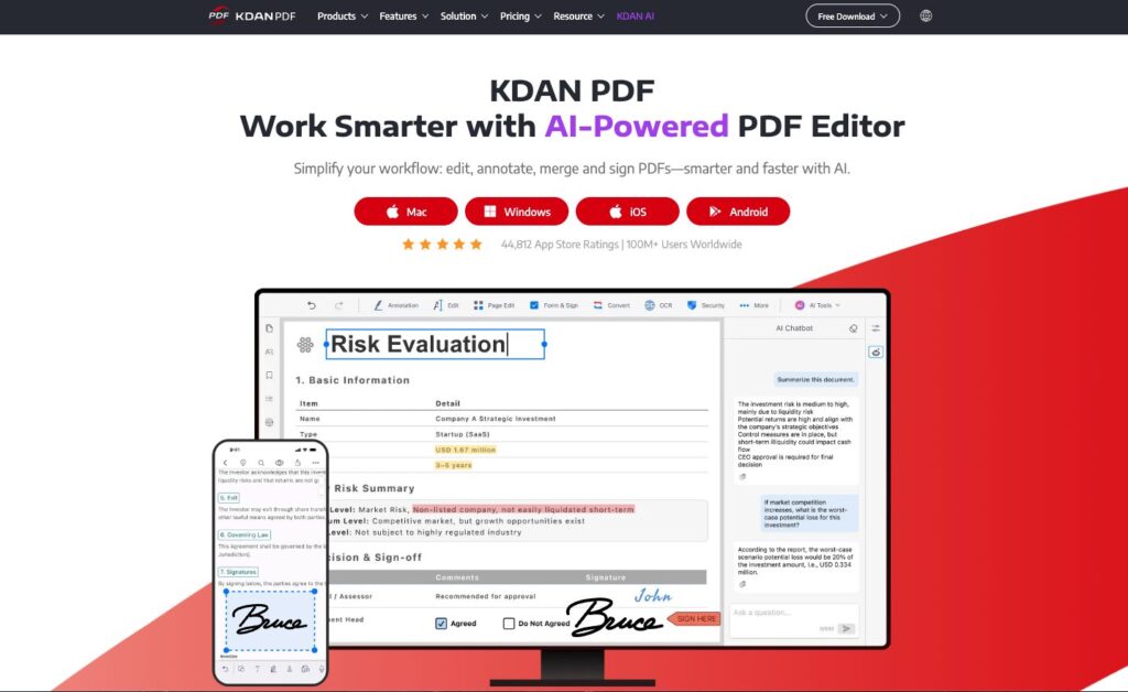 KDAN PDF editor for Windows showing editing and OCR features