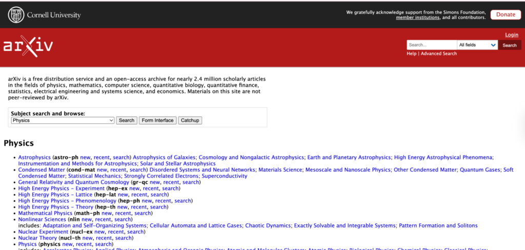 arXiv preprint server homepage with free research papers in physics, math, and AI.