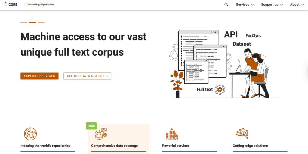 CORE search interface for finding open-access research papers and academic articles.