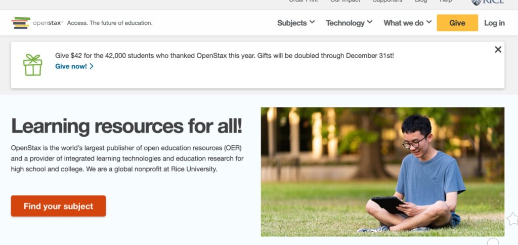 OpenStax homepage offering free peer-reviewed college textbooks in PDF format.