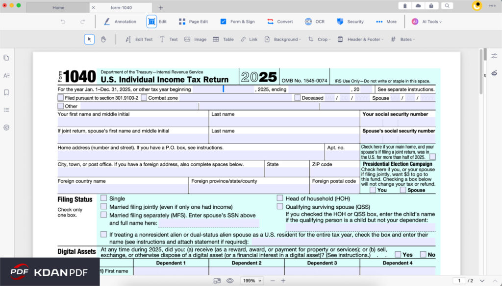 KDAN PDF interface showing the "Fill in PDF" tool active on the top section of the 1040 form