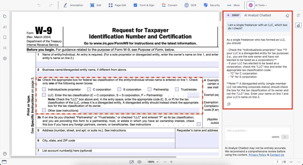 Use Kdan AI to translate these terms. Ask the Chatbot: "I am a single freelancer with an LLC, which box do I check?" and get guidance instantly based on the form's instructions.
