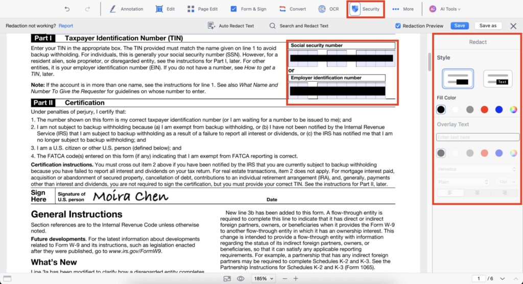 A W-9 form with the SSN blurred out using the Redact tool