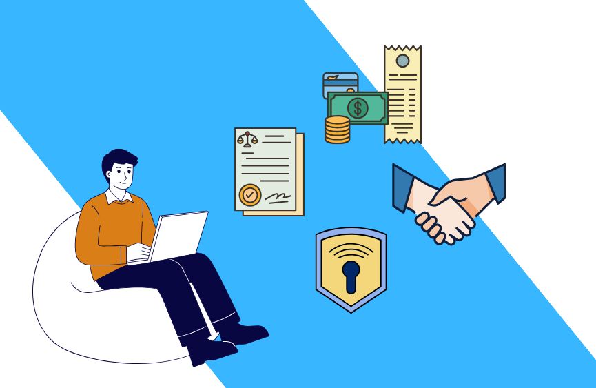 Illustration of a legal professional working on a laptop, with icons representing a signed contract, security lock, payment, and a handshake — symbolizing a digital legal workflow.