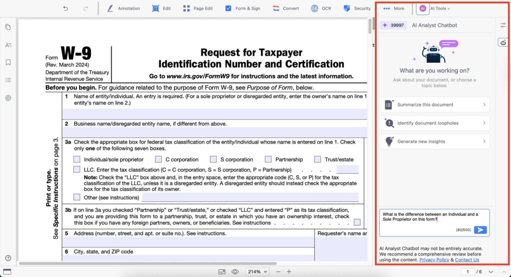 Kdan AI Chatbot sidebar answering a question about tax classification