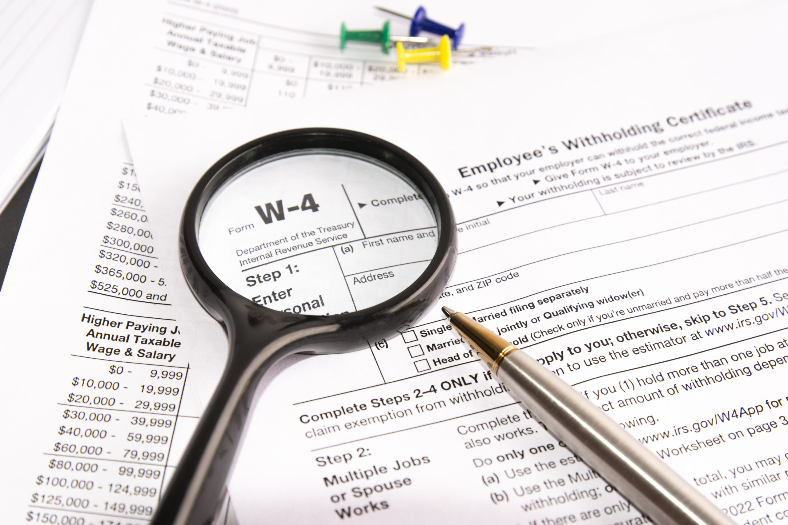 A magnifying glass and pen resting on a blank IRS Form W-4 Employee's Withholding Certificate, with tax withholding tables visible in the background.