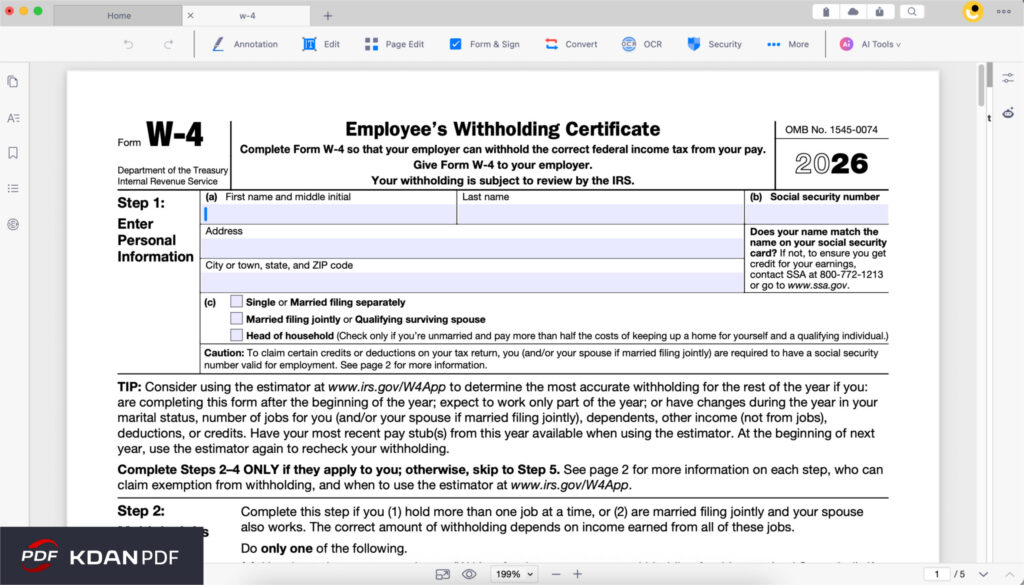 KDAN PDF interface showing the Form Filling tool active on Step 1 of the W-4