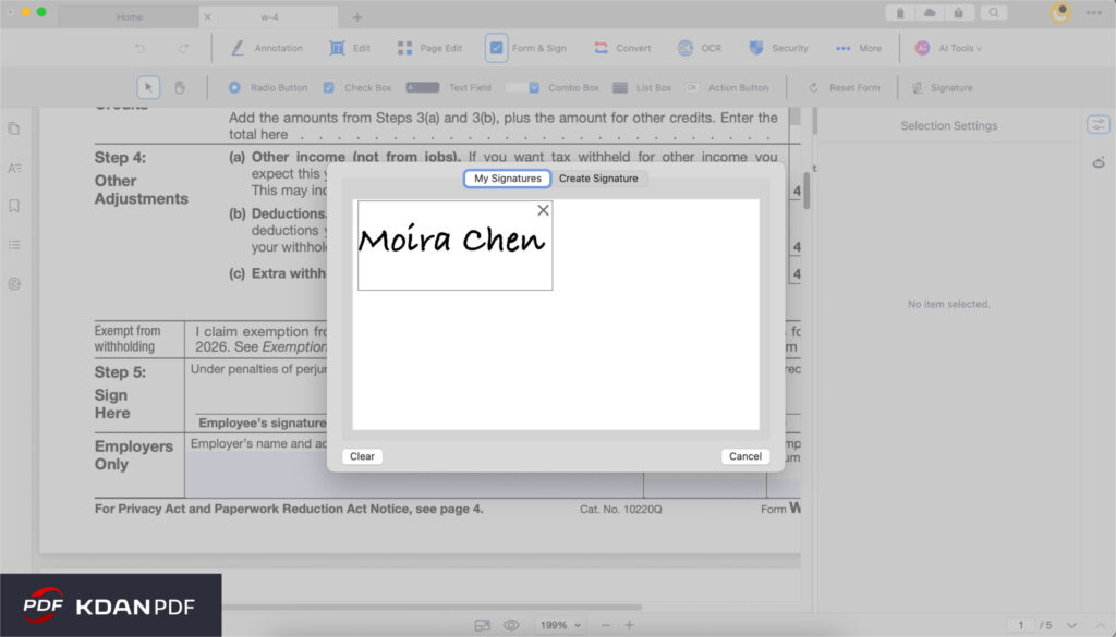 A user dragging and dropping a digital signature onto the W-4 form in Kdan-1