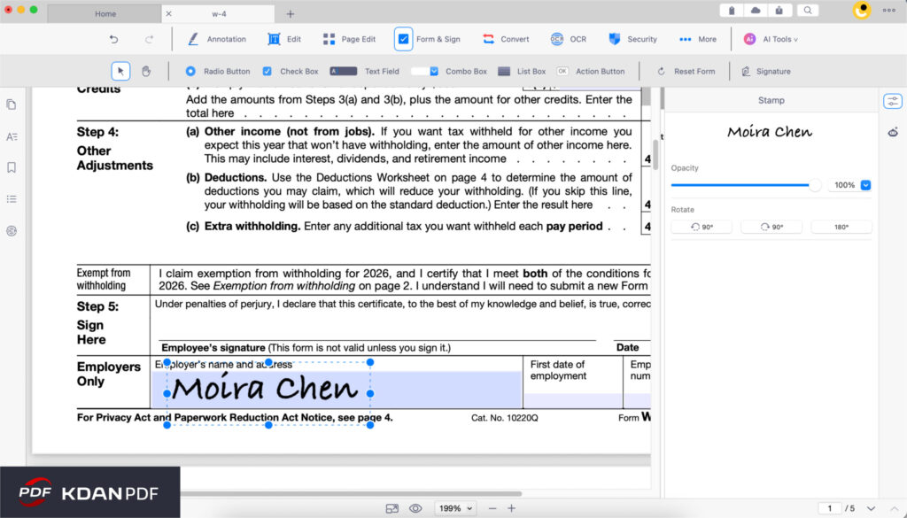 A user dragging and dropping a digital signature onto the W-4 form in Kdan-2