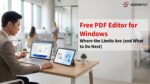 Promotional banner for KDAN PDF Editor for Windows showing a businessman using a laptop and tablet to manage PDF documents in a bright, open-office environment.