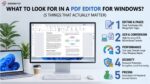 What to look for in a PDF editor for Windows: an infographic by KDAN PDF listing 5 key factors — (1) Editing & Pages: deep text/image editing and merge/split pages; (2) OCR & Conversion: high-accuracy OCR and bidirectional format conversion; (3) Performance: fast load times, smooth handling of large files, and Windows-native experience; (4) Security: password protection, encryption, and local processing; (5) Pricing: subscription and perpetual license options. A desktop monitor displays the KDAN PDF editor interface alongside a laptop and coffee cup.