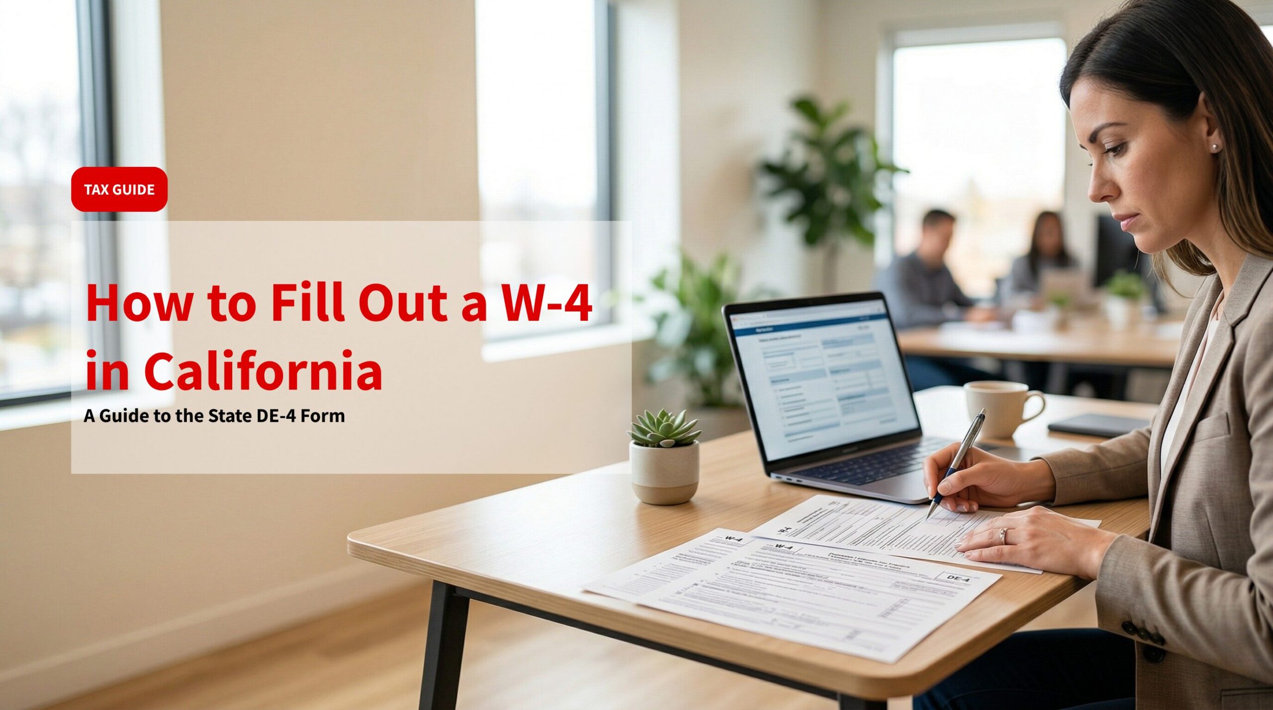 A professional woman in a bright, modern office focusing on filling out California tax forms (W-4 and DE-4). The desk features a laptop, a coffee cup, and a small succulent. The composition includes significant negative space on the left side for text overlays, styled in a realistic, high-quality professional photography aesthetic.