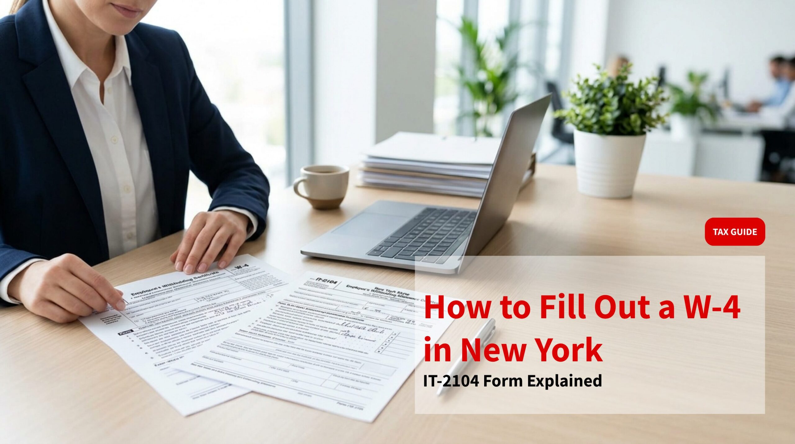 A professional woman in a suit sits at a desk in a modern, sunlit office, carefully completing federal W-4 and New York State IT-2104 tax forms. A laptop, coffee cup, and plant are nearby.