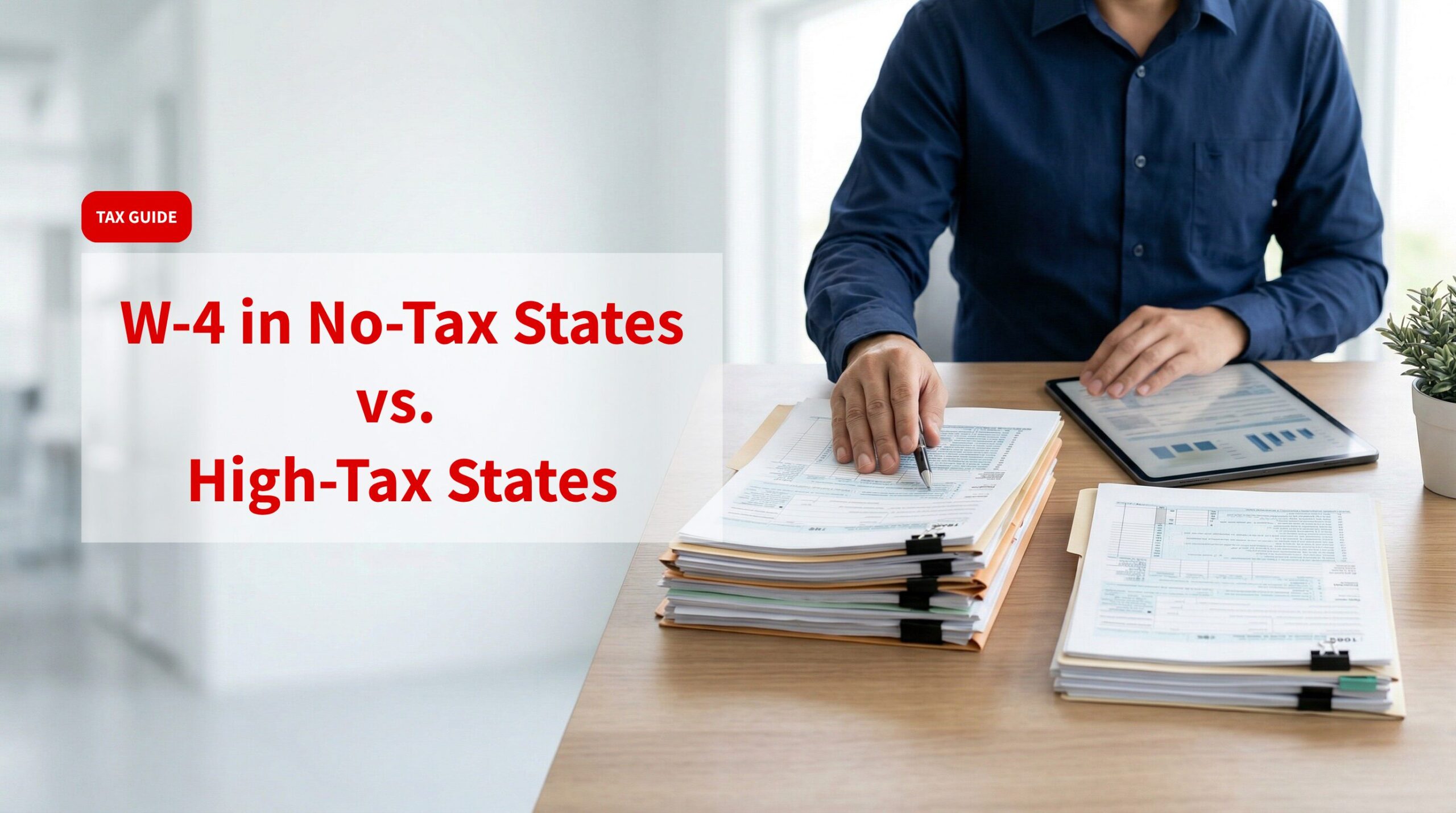 A professional individual reviewing stacks of tax documents and a digital tablet at a desk, featuring a text overlay that reads "TAX GUIDE: W-4 in No-Tax States vs. High-Tax States.