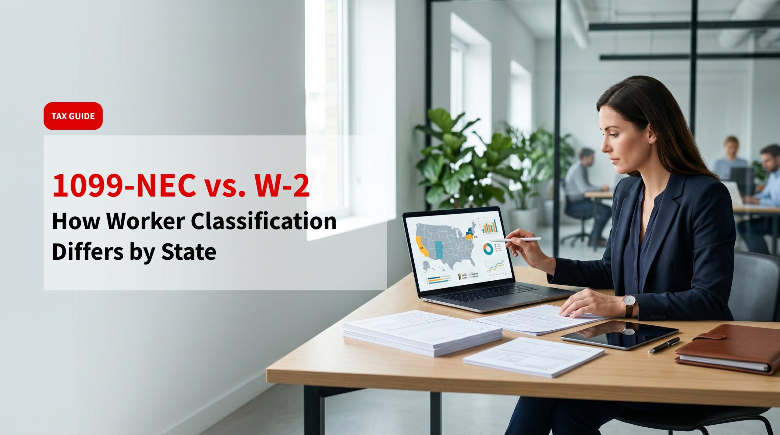 A professional reviews 1099-NEC vs. W-2 worker classification data by state on a laptop in a modern office setting.