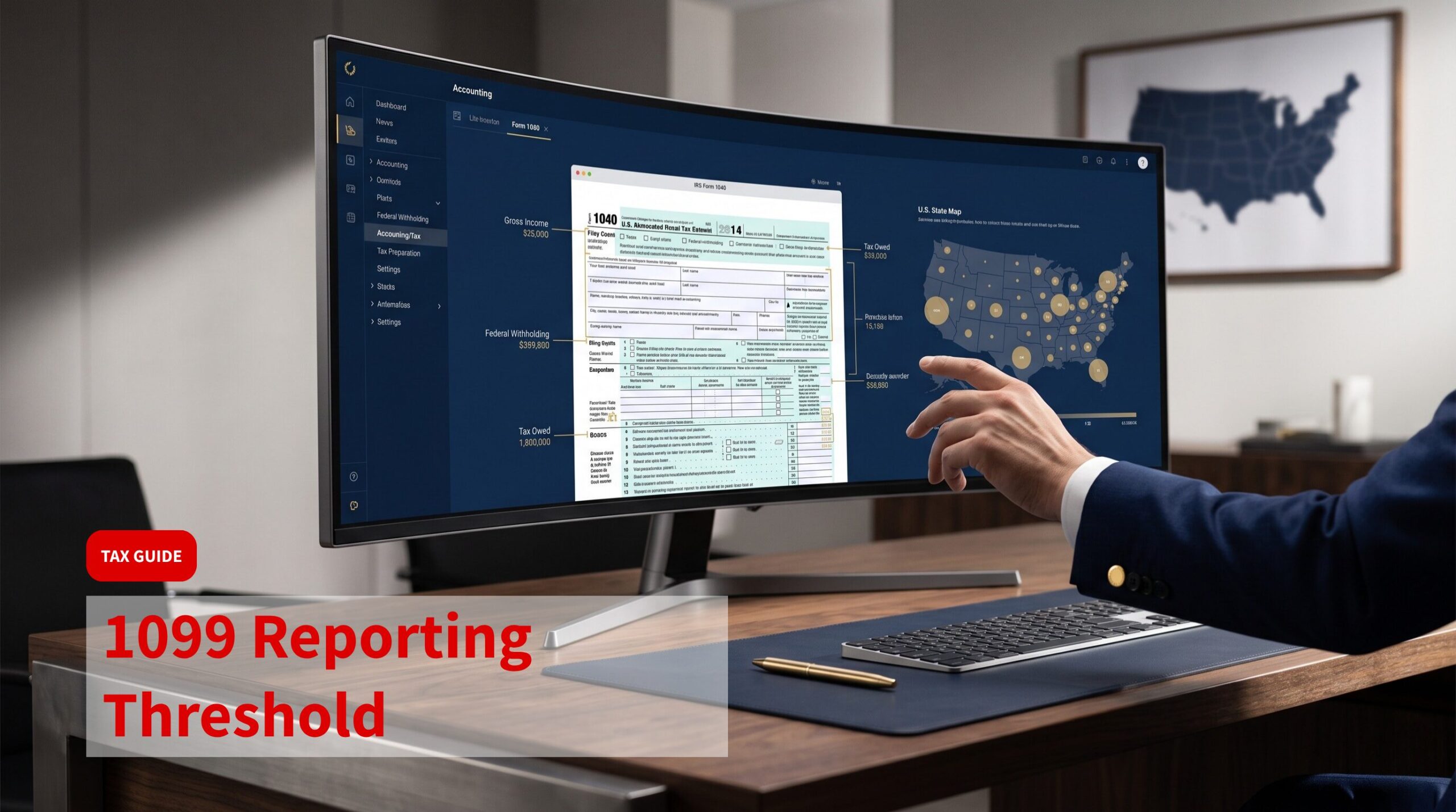 這項任務的核心在於將圖像的視覺元素轉化為精確的文字資訊，確保在無法顯示圖像的情況下，使用者仍能理解其作為「1099 申報門檻指南」的背景功能與專業調性。 我將這張圖拆解為三個層次進行分析：首先是具備最高資訊權重的文字疊加層（Text Overlay），其次是展示專業背景的核心視覺（螢幕與手勢），最後是定義質感的環境氛圍。 以下是為這張圖片設計的英文替代文字： Recommended Alt Text (English) "A professional digital workspace with a large curved monitor displaying a structured 1040 tax form, numerical data, and a US map graphic. In the bottom-left corner, a bold red text overlay reads 'TAX GUIDE' above '1099 Reporting Threshold'. A person’s hand in a navy blue suit sleeve gestures toward the screen, which is set on a dark wood desk alongside a gold pen and a leather desk mat. The lighting is high-contrast and minimalist, emphasizing a sophisticated corporate accounting atmosphere.