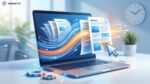 A MacBook displays PDF documents flying off the screen with dynamic blue and orange light streams, gears at the base symbolizing a rebuilt engine — illustrating KDAN PDF's performance upgrade on Mac.
